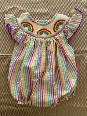 Smockingbird 9M Rainbow Stripe Smocked Bubble Romper